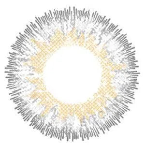 Circular abstract design with a textured light yellow center and radiating gray-yellow lines reflects the striking style of NEO Vision Glamour Grey (Custom Toric for Astigmatism) colored contacts by NEO Vision for brown eyes on a crisp white background.
