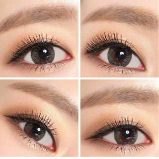 A collage of four close-ups shows the same brown eye with long curled lashes, defined brows, natural makeup, and NEO Vision Monet Grey (Custom Toric for Astigmatism) contact lenses by NEO Vision for a subtle grey effect.