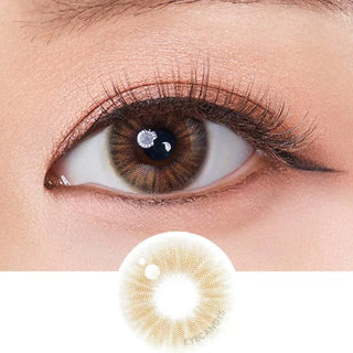 A close-up of an eye wearing Olola Heiress Brown by Olola, myopia prescription color contact lens, with long lashes and natural makeup. Below is a separate image showing the lens design on a white background.