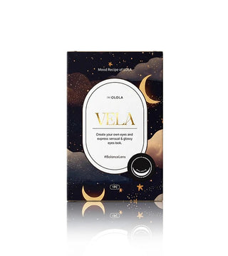 Box packaging of Olola Vela colored contact lenses.