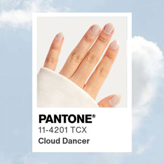 Hand showcasing EyeCandys Lychee Gel Nail Stickers - Cloud-Dancer 2026 Color of the Year, stylish and trendy nail art, easy-to-apply gel stickers, vibrant and long-lasting manicure