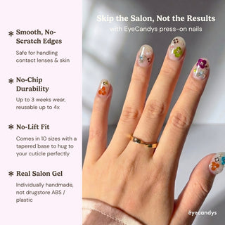 Stylish hand wearing EyeCandys Petal Rave press on nails featuring festival jelly nails with colorful sequins and crystal centres.