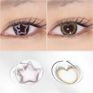 Close-up of two eyes with novelty lenses: the left has a star-shaped pupil effect, while the right wears EyeCandys Brown Heart contacts by EyeCandys. Matching beige brown lenses are shown below on a white surface.