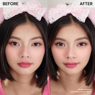 Side-by-side comparison of a woman before and after wearing EyeCandys Brown Heart contact lenses, subtly enhancing her eye color and brightness. She’s dressed in pink with a large white bow headband.