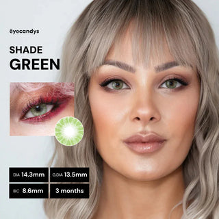 A woman with light blonde hair wears EyeCandys Shade Green contacts. An inset shows a close-up of the lens with pink eyeshadow. Text: EyeCandys, shade green, DIA 14.3mm, G.DIA 13.5mm, B.C. 8.6mm, 3 months use.