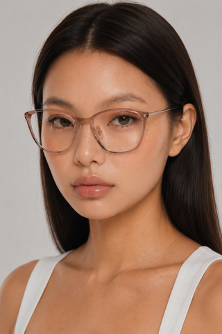 EyeCandys Posh Square clear lens glasses model shot featuring stylish square optical frames with non-prescription clear lenses, trendy women's fashion eyewear, prescription-ready glasses, blue light style frames for everyday wear, office outfits, and modern minimalist fashion.