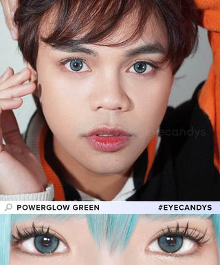 A person with short brown hair wears EyeCandys Powerglow Turquoise Green lenses, gazing at the camera. Below is a close-up of these green contacts on light blue hair, showing their moisture retention. Text: "EYECANDYS POWERGLOW TURQUOISE GREEN" and "#EYECANDYS".