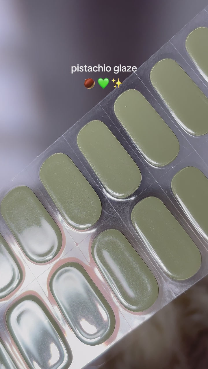 Video showing application of EyeCandys Avo-Cat-O Gel Nail Sticker in muted avocado green – easy 10-minute manicure, earthy minimalist design, long-lasting 2–3 weeks, 7-free allergy-friendly formula.