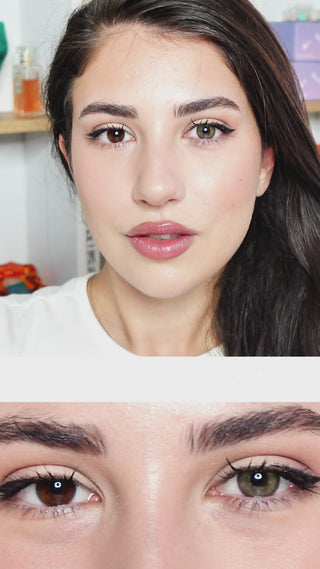 Video showcasing Isla Mirage Grey Colored Contact Lenses. Above is the full face of a model wearing  Isla Mirage Grey and on the center is the lens thumbnail design of the same contact lens and below it is a close up eye video showing the detailed design of lens when worn. 
