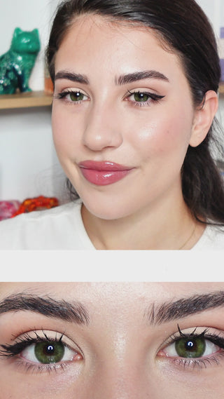 Video showcasing Isla emerald green Colored Contact Lenses. Above is the full face of a model wearing Isla emerald green  and on the center is the lens thumbnail design of the same contact lens and below it is a close up eye video showing the detailed design of lens when worn. 