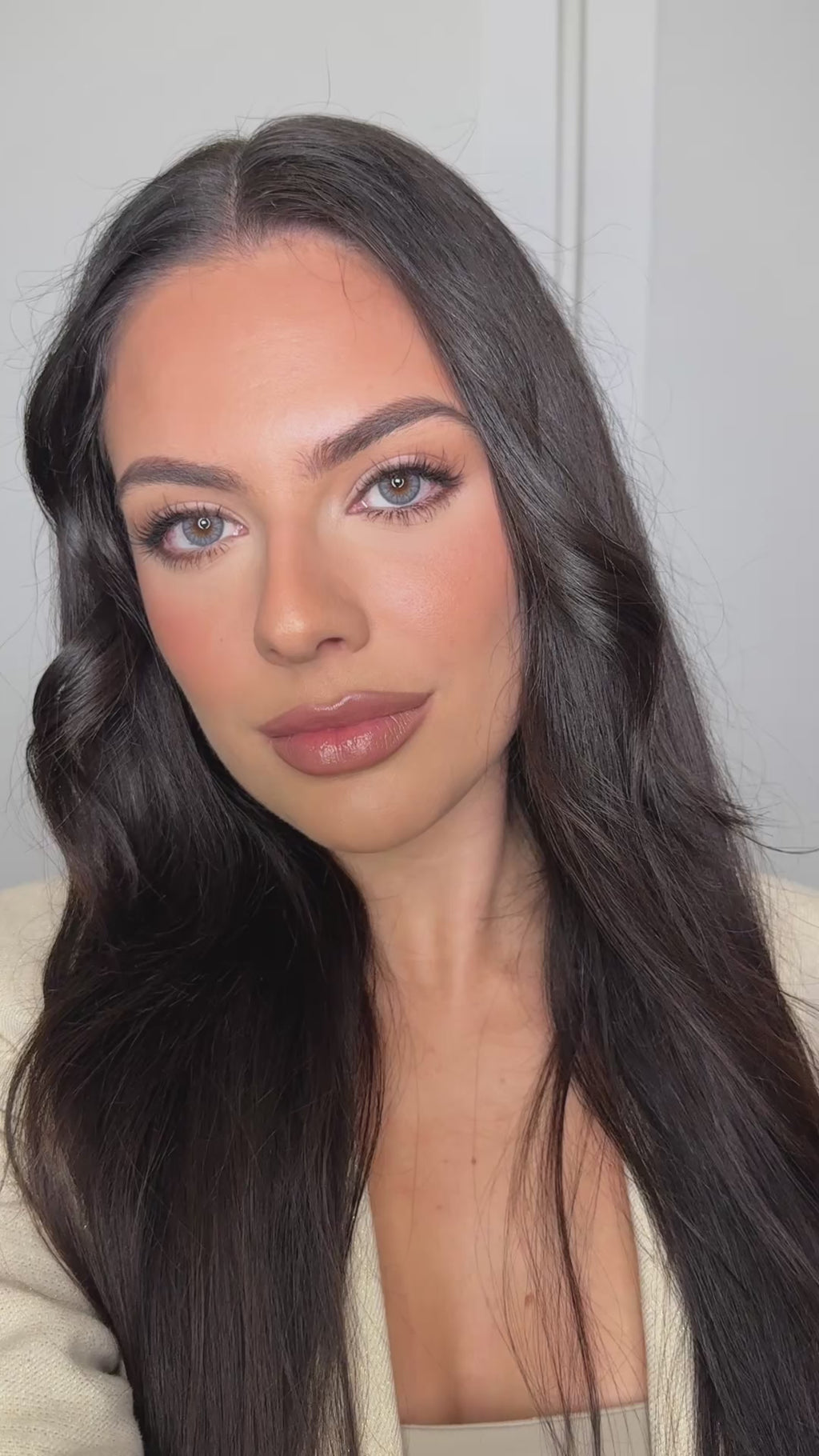 Video of Model Wearing EyeCandys Desire Series Colored Contact Lenses in Lush Green, Mist Grey, Toffee Brown, Glacier Blue, Innocent White Grey, and Sandy Beige