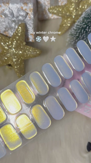 EyeCandys Fiji Gel nail sticker featuring a sleek white chrome color. Perfect for chic, metallic manicures, offering long-lasting wear, easy application, and a high-shine, salon-quality gel finish for dazzling, flawless nails