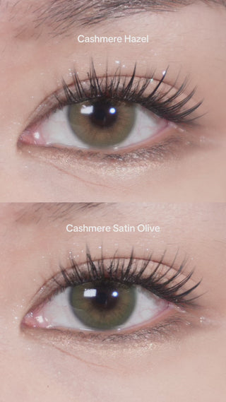 Close-up of model’s eyes with long lashes wearing EyeCandys Cashmere Hazel, beside comparison eye wearing Cashmere Satin Olive colored contact lens