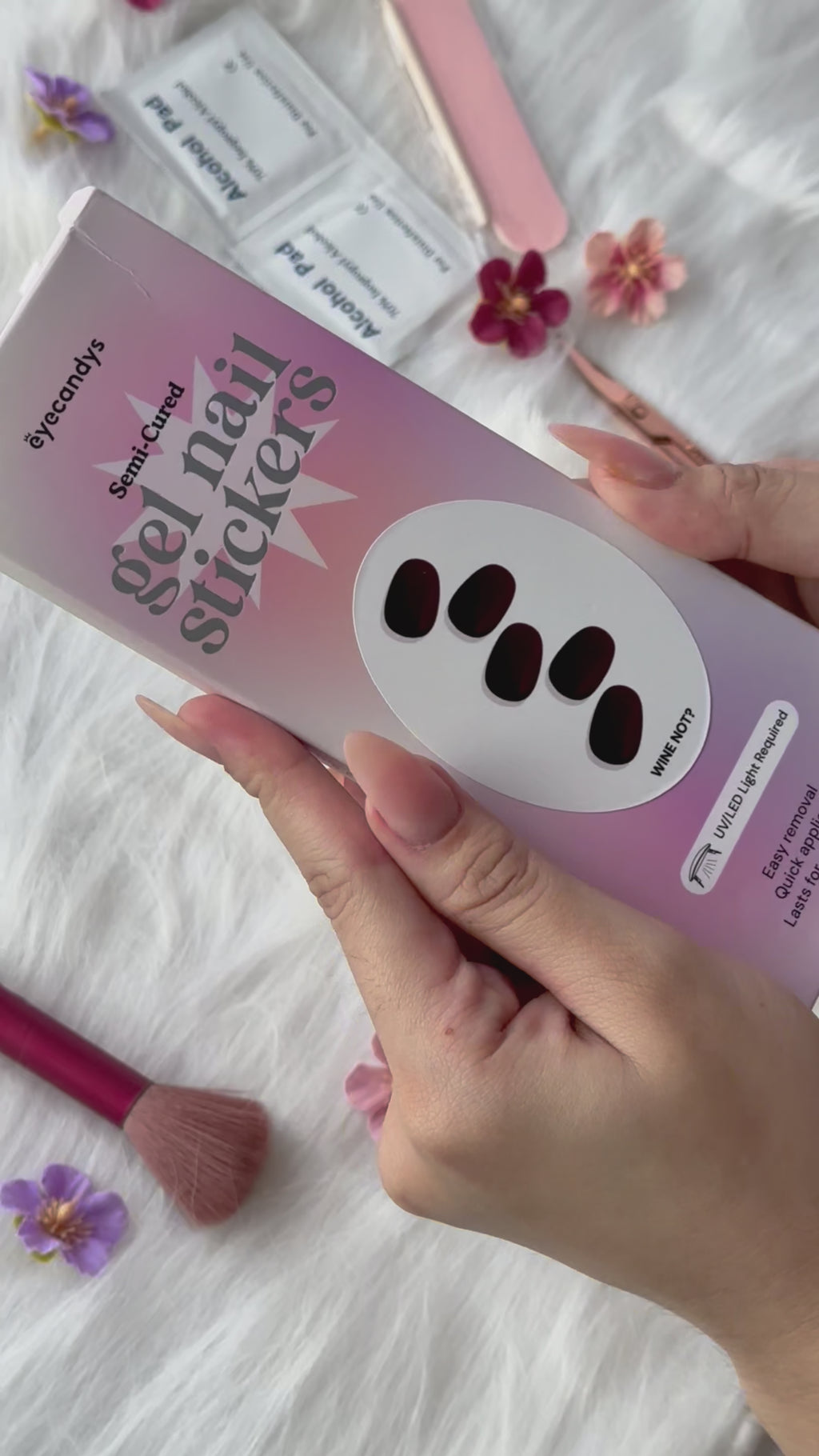 ASMR application of EyeCandys 'Wine Me Not' gel nail sticker, showcasing easy, relaxing application with vibrant, long-lasting color. Perfect for at-home manicures with a glossy, salon-quality finish and effortless wear.