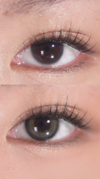 Application of EyeCandys Maddie Green prescription colored contact lenses. These color contact lenses feature a slightly bigger graphic diameter and a prominent limbal ring to naturally enhance and enlarge the eyes. Premium prescription colored contact lenses for added depth and definition