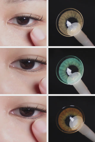 Model trying on different color contact lenses from the Isla series which includes Isla Emerald Green, Isla Mirage Grey and Isla Blue Grotto