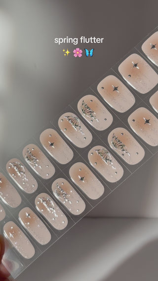 Eyecandys Papillon Spring Flutter gel nail stickers application, offering a 10-minute application, lasting 2-3 weeks, with a 7-free, allergy-friendly formula that strengthens and repairs nails for spring looks