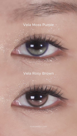 Eye blinking close-up with long lashes wearing EyeCandys Olola Vela Moss Purple and Rosy Brown contact lenses