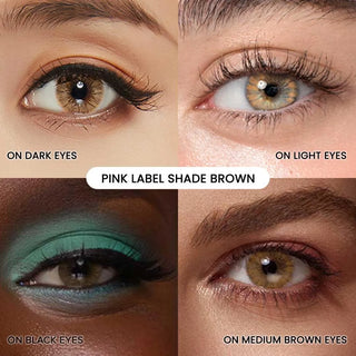 Four close-up images show how EyeCandys Shade Brown contacts by EyeCandys look on dark, light, black, and medium brown eyes. Each eye displays different makeup styles and highlights a range of natural eye colors.