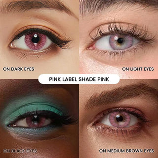 Four close-up images display EyeCandys Shade Pink contacts on dark, light, black, and medium brown eyes—highlighting the unique champagne-pink effect of these natural-looking lenses from EyeCandys.