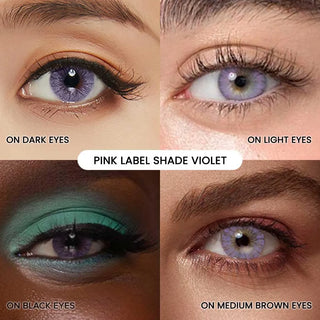 Four close-up photos show how EyeCandys Shade Violet Purple contacts look on different eye colors, labeled: "On dark eyes," "On light eyes," "On black eyes," and "On medium brown eyes.