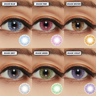 A close-up of one eye in six EyeCandys Shade Brown contact lens colors, each labeled and paired with matching eyeshadow and a color swatch by EyeCandys.