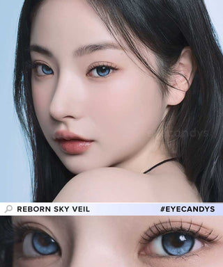 A female model with natural dark eyes wearing i-Sha Reborn Reborn Sky Veil contact lenses, complemented by subtle eyeshadow and peach lipstick and Close-up image showcases the model's eyes adorned with the same blue contact lenses
