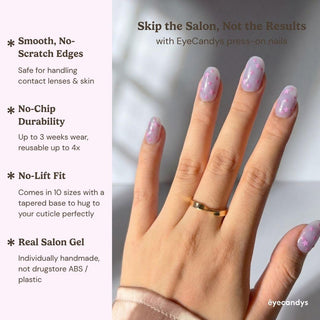 Stylish hand wearing EyeCandys Stardust Baby press on nails featuring pastel lavender nails with star sequins and pink confetti.