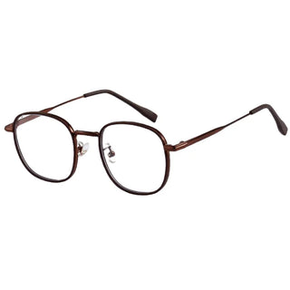The EyeCandys Stunner Square features brown, rectangular fashion glasses with thin metal frames, clear lenses, and slightly curved temples with plastic tips for comfort and style.