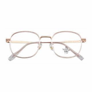 A pair of EyeCandys Stunner Square glasses with thin, rose gold metal frames and large, square-oval lenses is shown front-facing on a white background. An anti-blue light protection sticker is visible on one lens.
