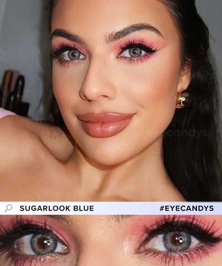 Model wearing EyeCandys Sugarlook Blue colored contact lenses, with a close-up of the eye showing the blue tone and defined limbal ring.