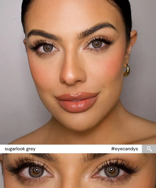 Close-up of Monica wearing EyeCandys Sugarlook Grey colored contact lenses – soft grey prescription colored contact lenses for a natural, eye-defining look.