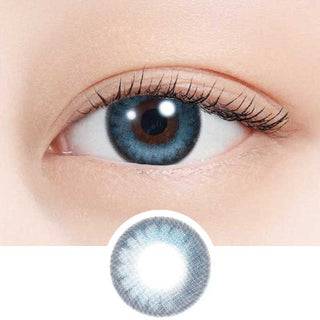 A close-up of a human eye wearing N's Collection Umi Blue (10pk) contacts with myopia prescription. Below, a separate image displays the daily disposable blue lens from N's Collection against a white background.