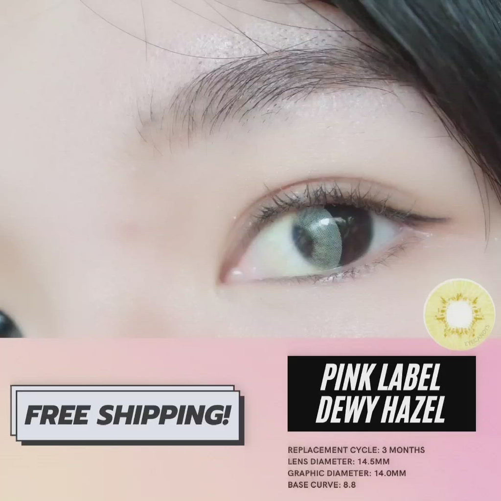 Applying the Dewy Hazel colour contact lenses on naturally dark eyes, showing the brightness and opacity of the contact lens design