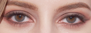 Close-up of a person's hazel eyes with subtle makeup, framed by natural brows. EyeCandys Attitude Glitter Grey contacts by EyeCandys enhance the eye color, while lighting highlights the skin texture around the eyes.
