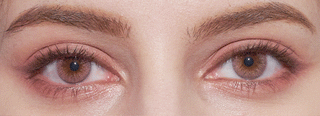 Close-up of a person's face highlighting their brown eyes and well-groomed brows, enhanced with EyeCandys Attitude Glitter Pink contacts and natural makeup under soft lighting.