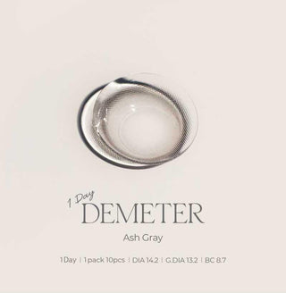 Asian model demonstrating a K-idol-inspired look with Gemhour Demeter 1-Day Ash Grey (10pk) coloured contact lenses, highlighting the instant brightening and enlarging effect of the circle contact lenses over dark irises.