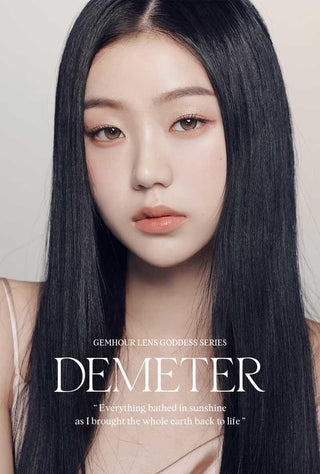 Asian model demonstrating a K-idol-inspired look with Gemhour Demeter 1-Day Ash Brown (10pk) coloured contact lenses, highlighting the instant brightening and enlarging effect of the circle contact lenses over dark irises.