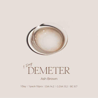 Asian model demonstrating a K-idol-inspired look with Gemhour Demeter 1-Day Ash Brown (10pk) coloured contact lenses, highlighting the instant brightening and enlarging effect of the circle contact lenses over dark irises.